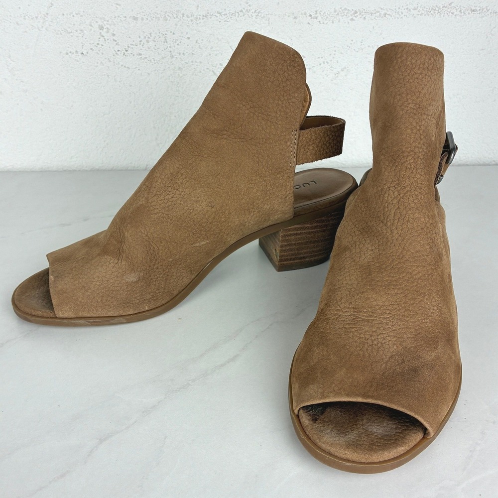 Lucky Brand Brown Leather Peep Toe Booties - 7.5 - Slingback Block Heel Boho